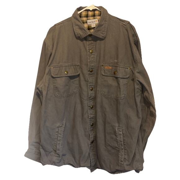 Carhartt Mens Large Gray Canvas Jacket Rugged Flex Fit Fleece-Lined Shirt - Picture 11 of 12